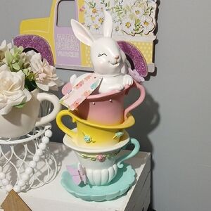 Charming Easter Bunny Teacup Stack Decor